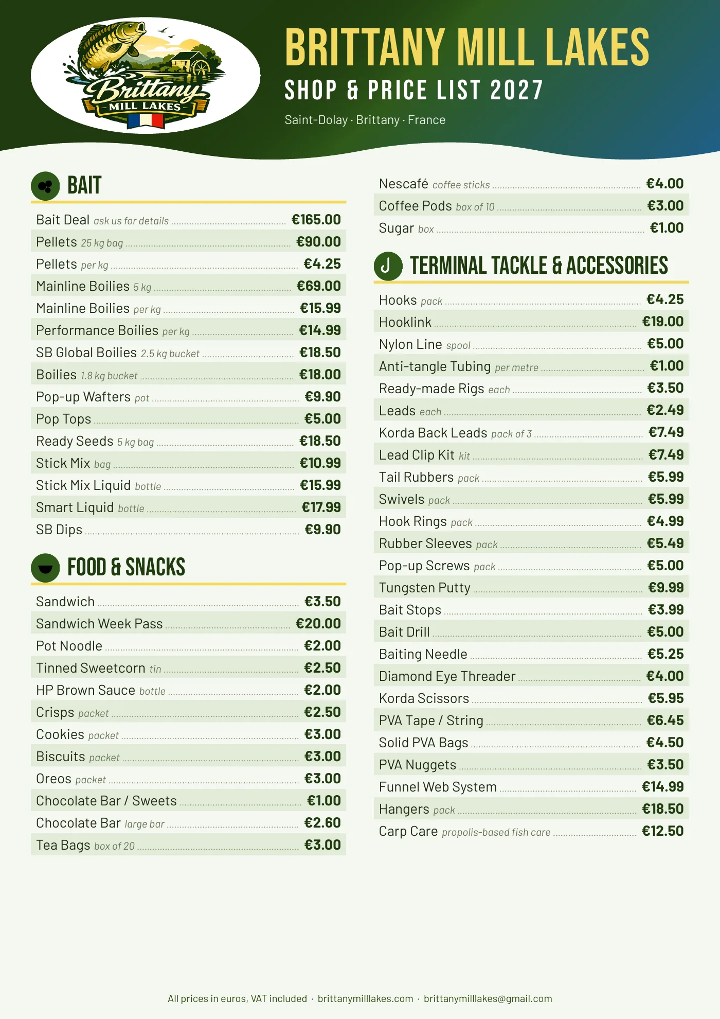 Brittany Mill Lakes shop price list 2027, page 1